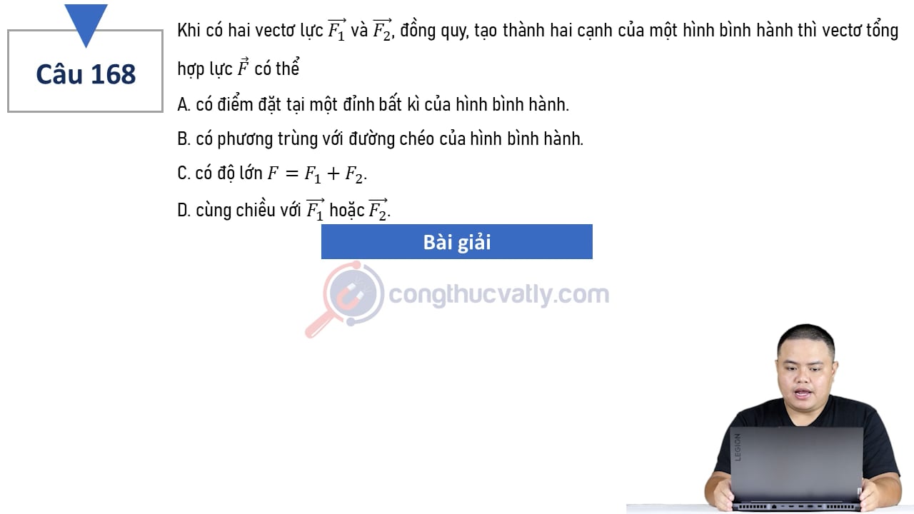 Khi có hai vectơ lực vectơ F1 và vectơ F2 đồng quy, tạo thành hai cạnh của một hình bình hành thì vectơ tổng hợp lực vectơ F có thể