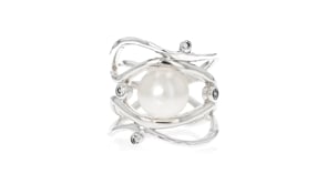 9-9.5mm Cultured Pearl Highway Ring with CZs in Sterling Silver