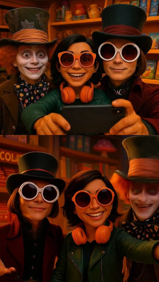 Selfie Animada com o Chapeleiro Maluco e Willy Wonka