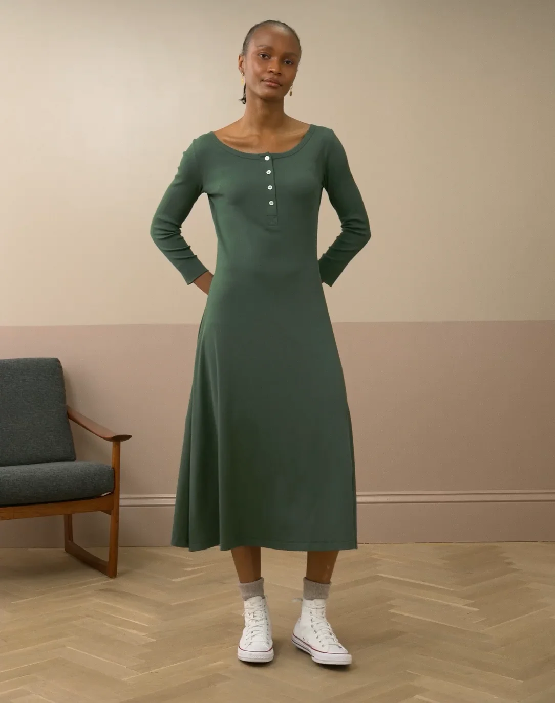 Organic Cotton Ribbed Jersey Dress in Cedar | Brora Clearance