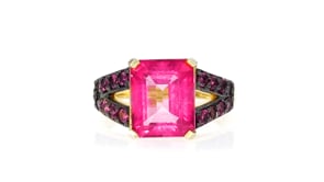 5.00 Carat Pink Topaz Ring with .80 ct. t.w. Rhodolite Garnets in 18kt Gold Over Sterling