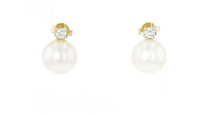 9-9.5mm Cultured Pearl and .15 ct. t.w. Lab-Grown Diamond Earrings in 14kt Yellow Gold
