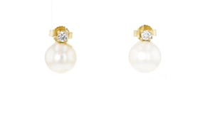8-8.5mm Cultured Pearl and .10 ct. t.w. Lab-Grown Diamond Earrings in 14kt Yellow Gold