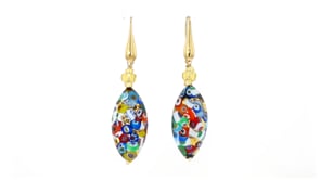 Italian Multicolored Murrine Murano Glass Oval Bead Drop Earrings in 18kt Gold Over Sterling