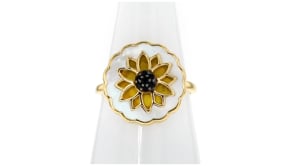 Yellow Chalcedony, Mother-of-Pearl and .10 ct. t.w. Black Spinel Flower Ring in 18kt Gold Over Sterling