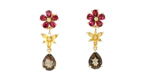 2.80 ct. t.w. Smoky Quartz and 2.00 ct. t.w. Rhodolite Garnet Flower Drop Earrings with .60 ct. t.w. Citrines in 18kt Gold Over