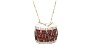 1.70 ct. t.w. Garnet and .60 ct. t.w. White Zircon Drum Pin/Pendant with White Enamel in 18kt Gold Over Sterling