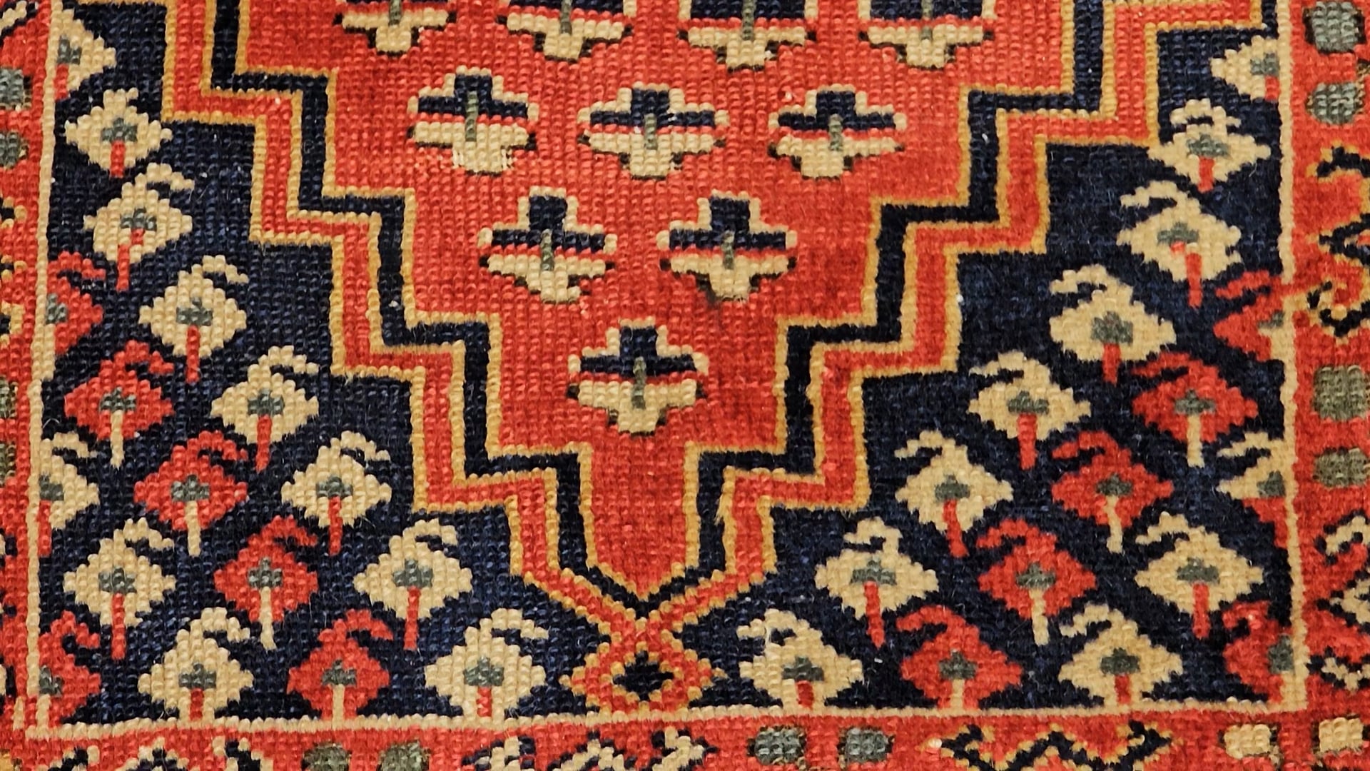 Vintage Turkish Village Area Rug, Hand-Knotted Wool, Red and Navy