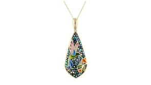 Multicolored Enamel and Abalone Shell Hummingbird Mosaic Pendant Necklace in 18kt Gold Over Sterling