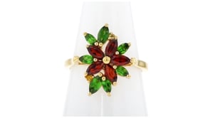 1.20 ct. t.w. Garnet and .90 ct. t.w. Chrome Diopside Flower Ring with Citrines in 18kt Gold Over Sterling