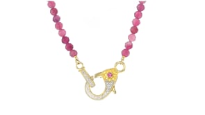 45.00 ct. t.w. Pink Tourmaline Bead and .11 ct. t.w. Diamond Lobster Clasp Necklace with Single Rhodolite Garnet in 18kt Gold Ov