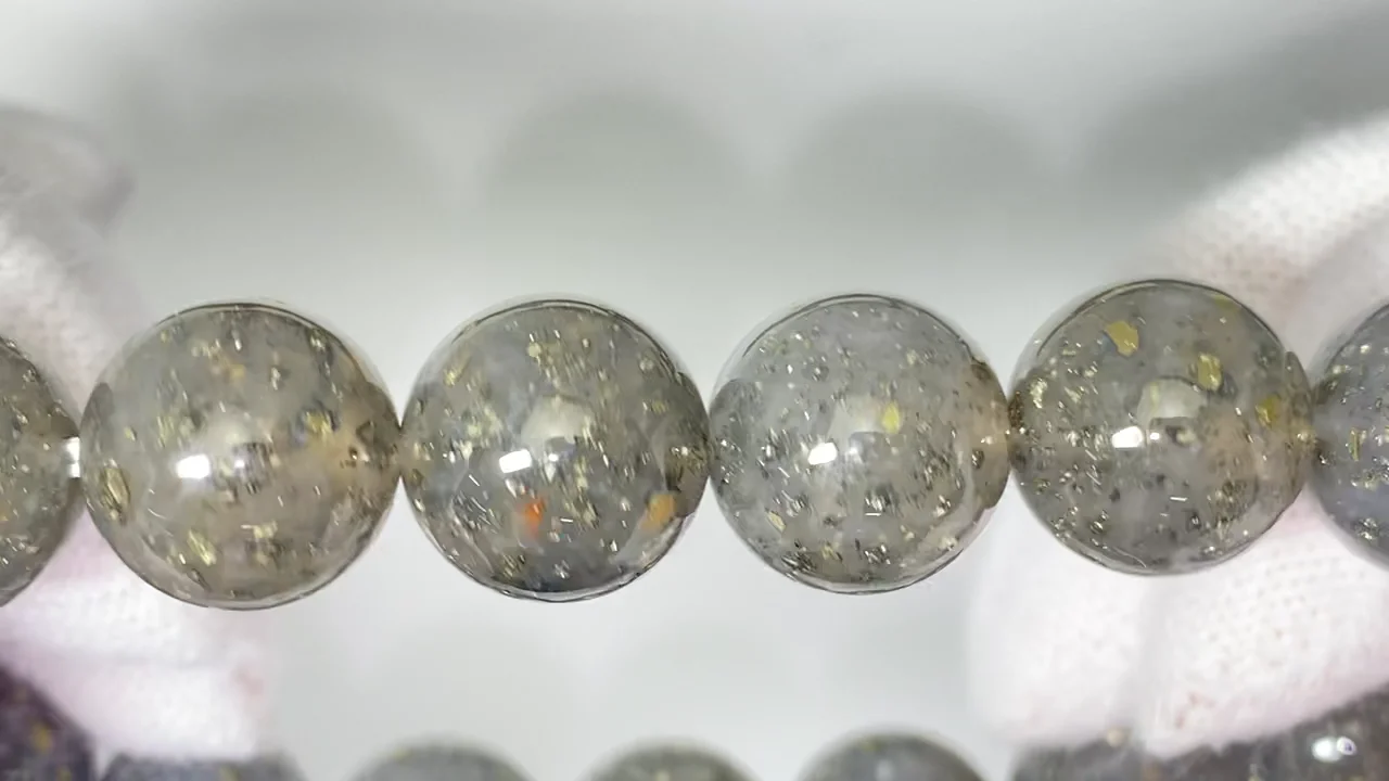動画】【1点もの】パイライトインクォーツ ラウンド12mm 1連
