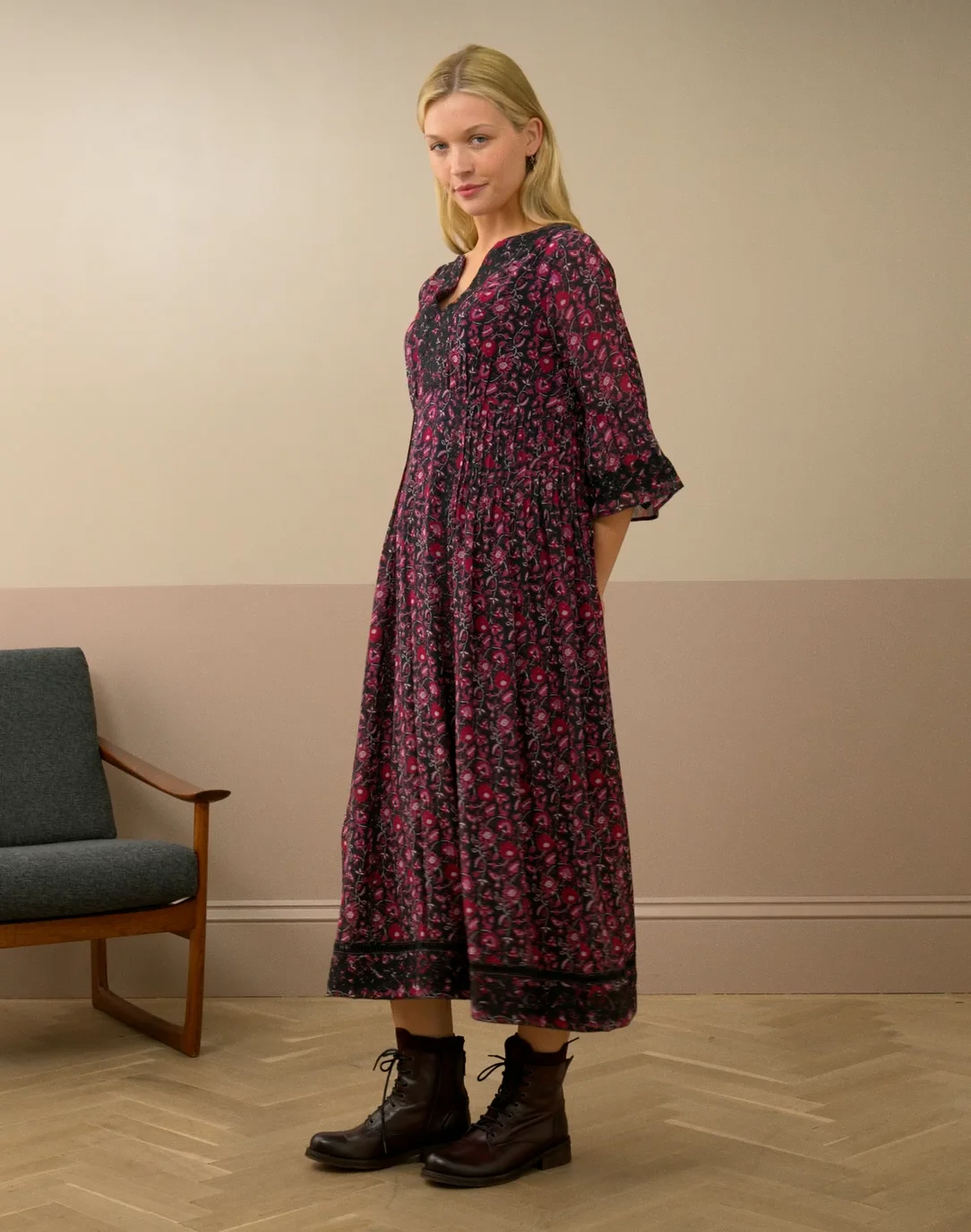 Silk Embroidered Dress | Midnight & Raspberry | Brora Clearance