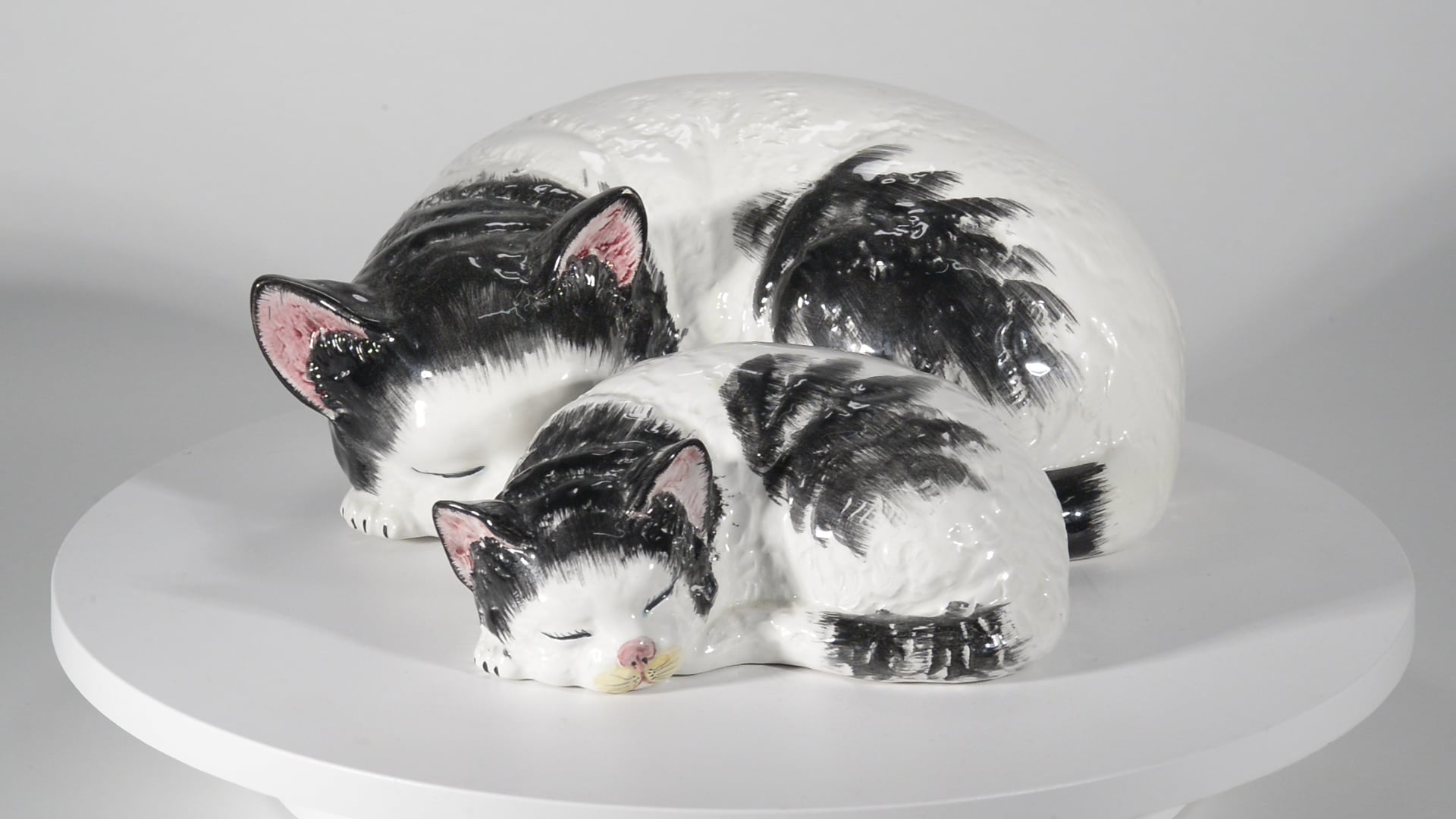 Set of Majolica Sleeping Cat and Kitten Sculptures, Italy, Vintage