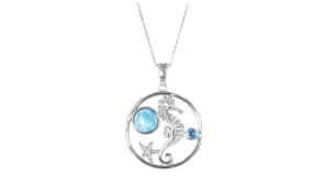 Larimar and .10 Carat Simulated Blue Topaz Seahorse and Starfish Pendant Necklace in Sterling Silver