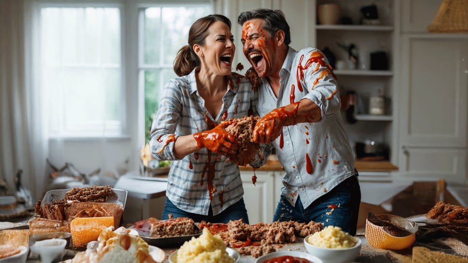 A couple that is fed up with each other laughs as they ruin their kitchen in a good-humored food fight.