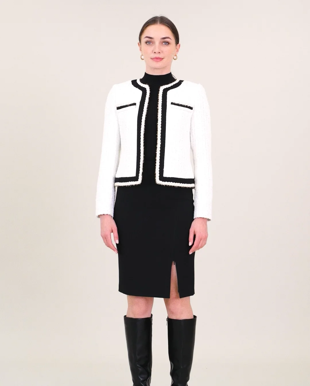 ANTOINA White Tweed Jacket With Black & Gold Trim Along Center