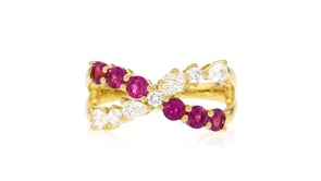 .80 ct. t.w. Rhodolite Garnet and .51 ct. t.w. Lab-Grown Diamond Crisscross Ring in 18kt Gold Over Sterling