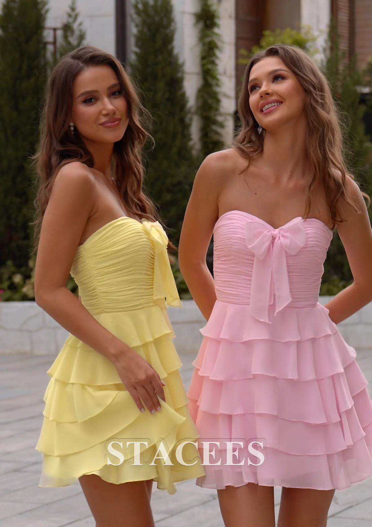 a line ruched strapless chiffon ruffled homecoming dress with bow A-line Ruched Strapless Chiffon Homecoming Dress with Ruffle Skirt and Bow  S8549H - Homecoming Dresses