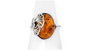 Amber Ginkgo Leaf Ring in Sterling Silver