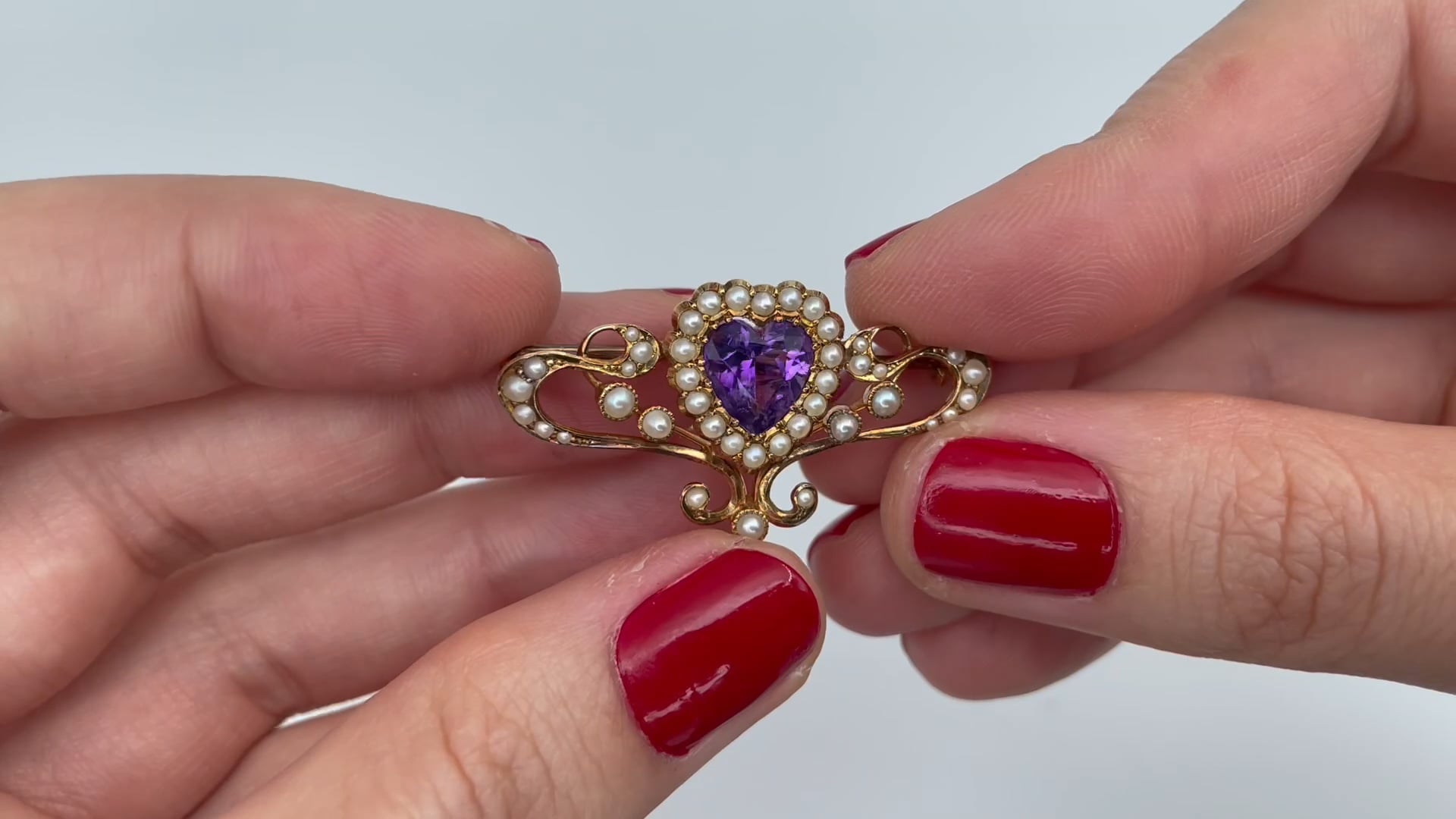 Broche Victorienne Or 14K Améthyste Et Perle Fine - Bijou Ancien XIXe, Occasion