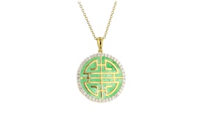 Jade and 2.20 ct. t.w. White Zircon Double Happiness Pendant Necklace in 18kt Gold Over Sterling