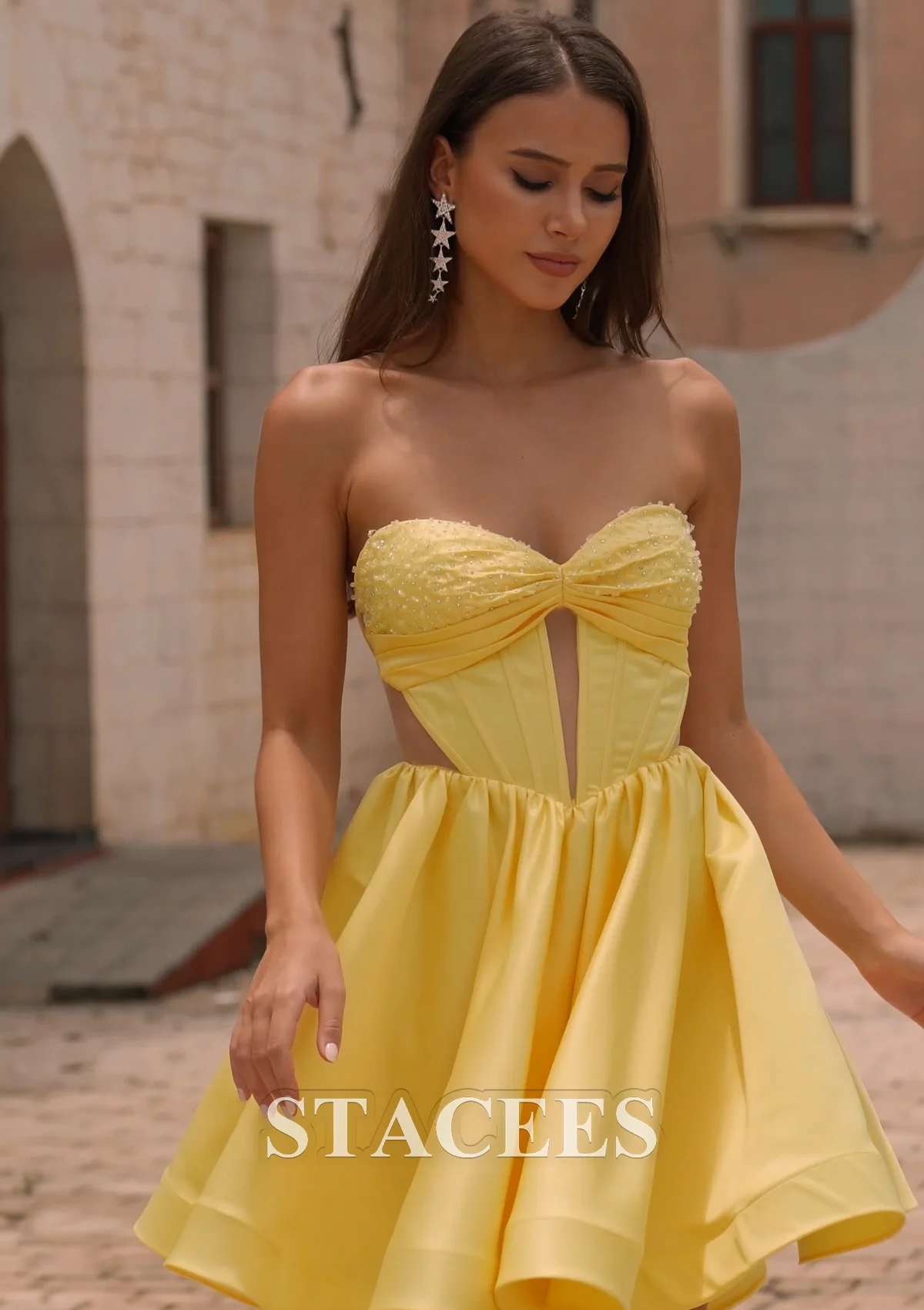 A-line Strapless Embellished Cutout Corset Homecoming Dress