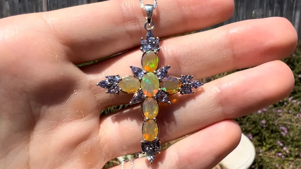 Ethiopian Fire Opal & Tanzanite Cross Necklace | OpalPop