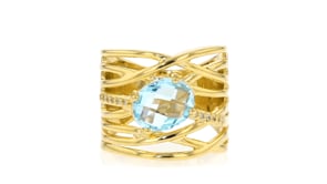 3.00 Carat Sky Blue Topaz Highway Ring with Diamonds in 18kt Gold Over Sterling