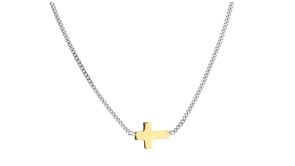 Italian 14kt Yellow Gold Sideways Cross and Sterling Silver Curb-Link Necklace