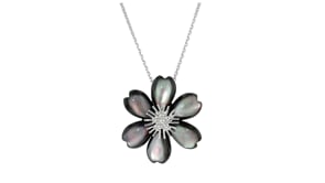 Carved Black Mother-of-Pearl Flower Pendant Necklace in Sterling Silver