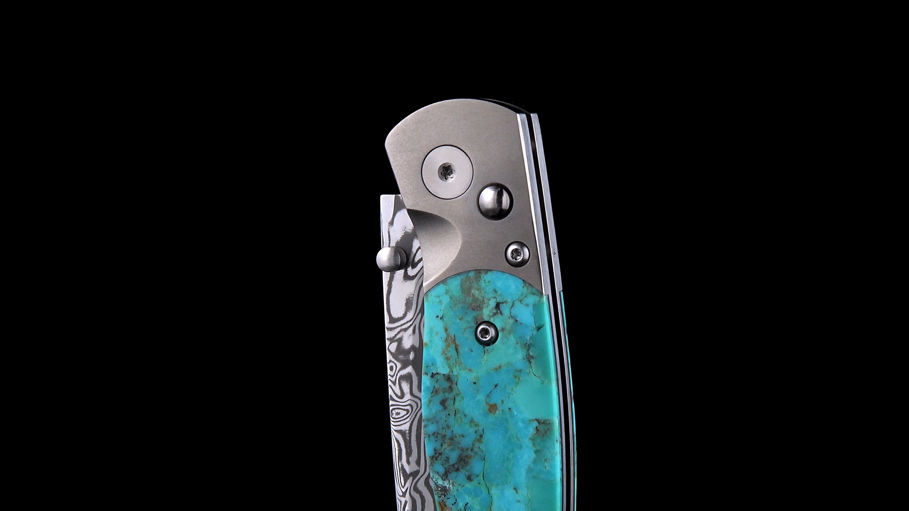 El Rey – Titanium Button Lock Damasteel with Kingman Blue/Green