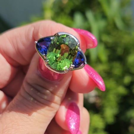 Small Peridot and Tanzanite Three Stone Ring (8 TCW)