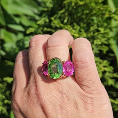 Pink and Peridot Three Stone Ring (18 TCW)