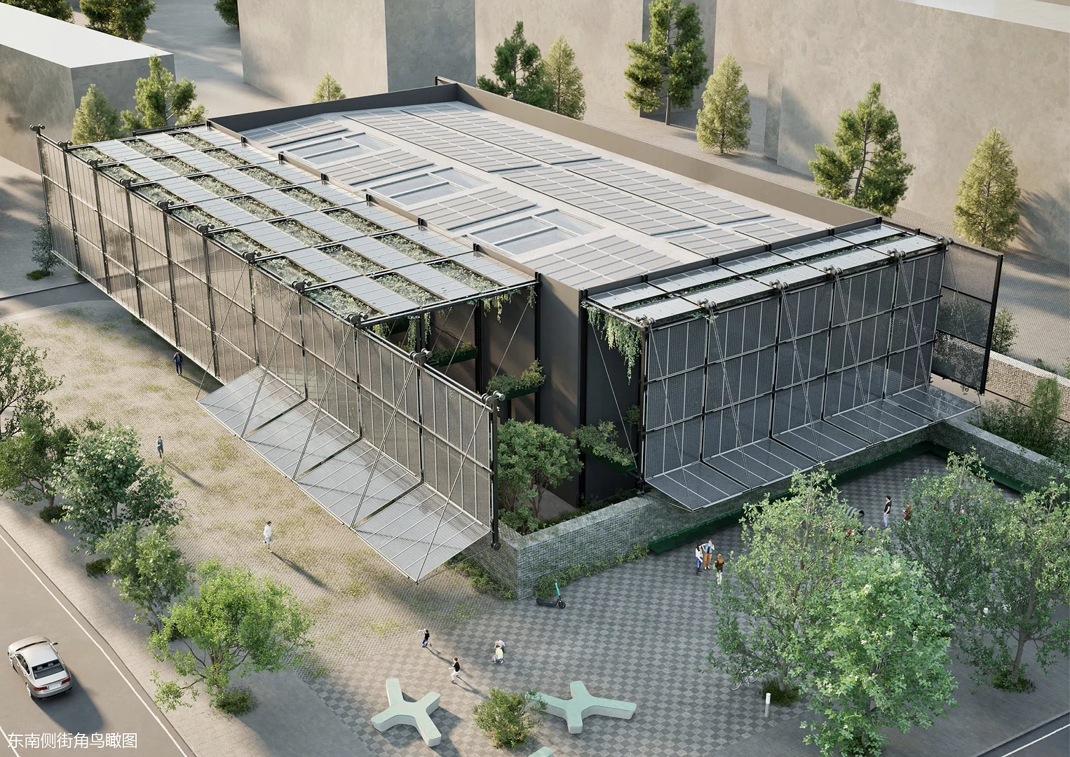double-skin facade with solar panels and green walls