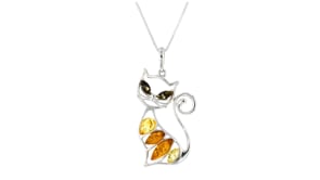 Multicolored Amber Cat Pendant Necklace in Sterling Silver