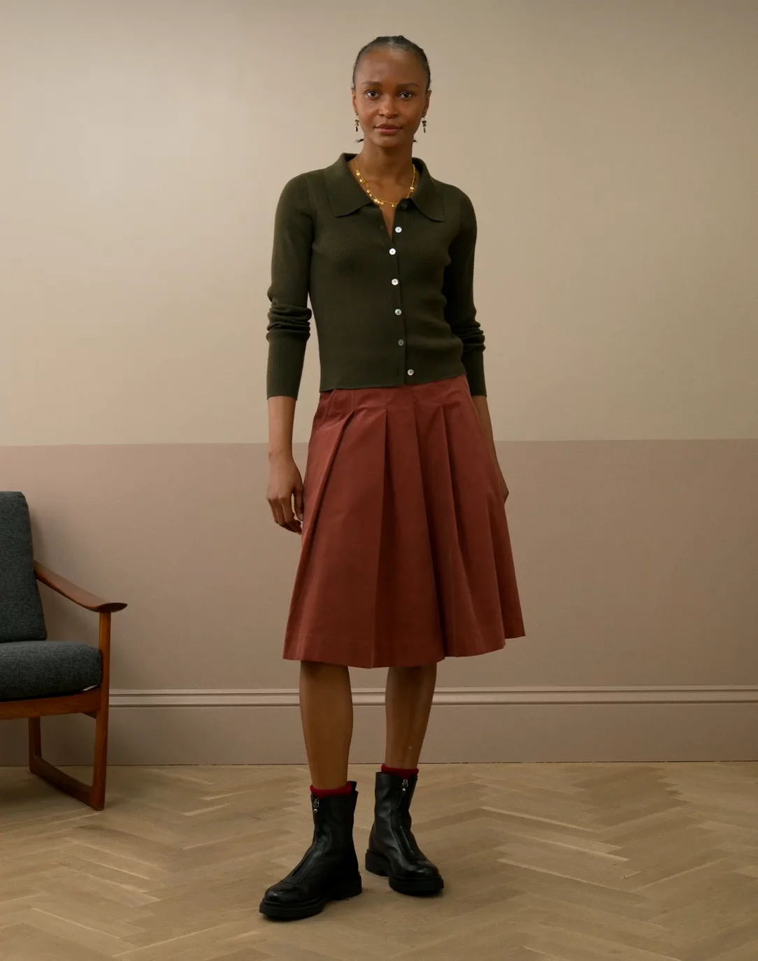 Needlecord Pleated Skirt in Acorn | Brora Clearance
