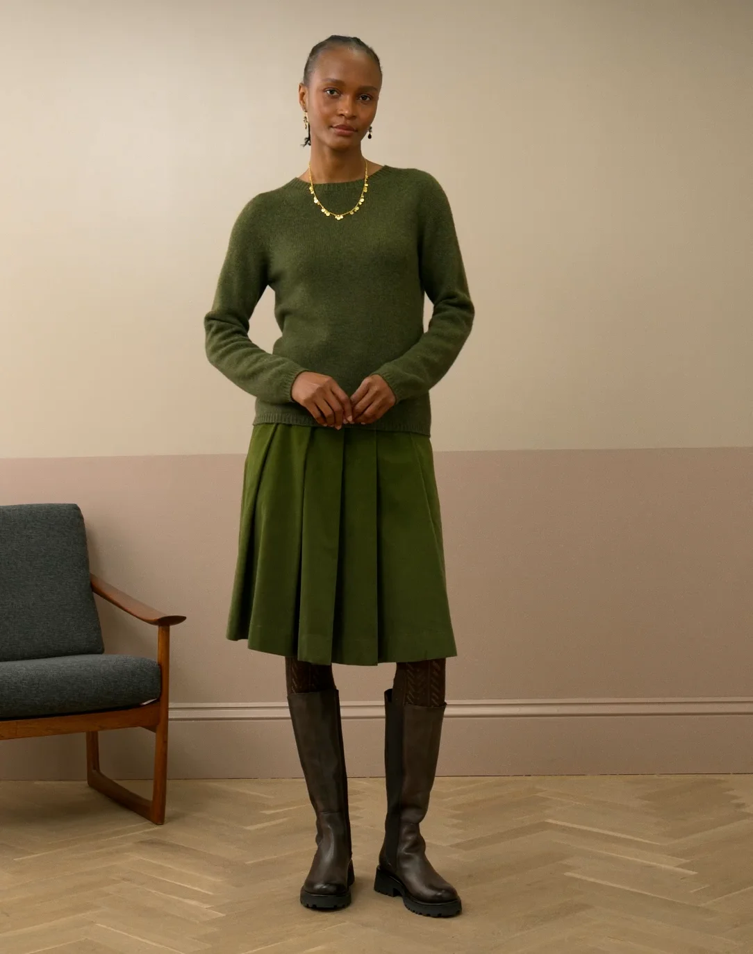Needlecord Pleated Skirt in Olive Green | Brora Clearance