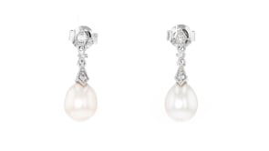 7.5-8mm Cultured Pearl and .11 ct. t.w. Diamond Drop Earrings in 14kt White Gold