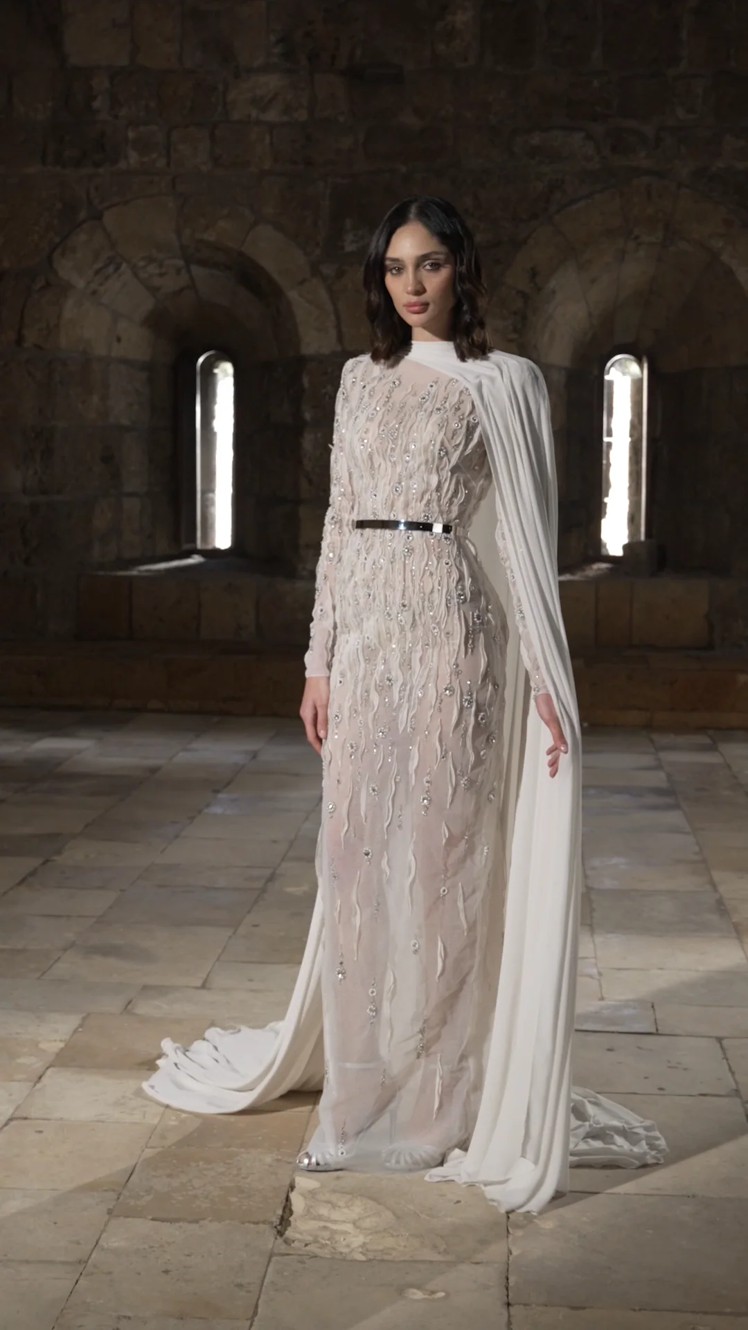 Embroidered Sheer Silk Tulle Gown with Cape by TONY WARD – Elilhaam