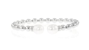 Italian 6mm Sterling Silver Bead Cuff Bracelet with 9-9.5mm Cultured Pearls