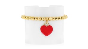 Italian 5mm 18kt Gold Vermeil Bead Stretch Bracelet with Red Enamel Heart Charm
