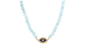 Lapis, Diamond and 130.00 ct. t.w. Aquamarine Bead Evil Eye Necklace with 18kt Gold Over Sterling