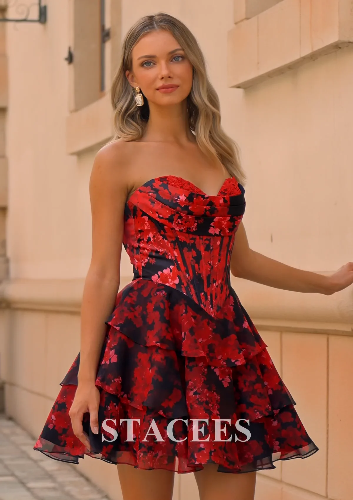 【海外限定】GinaBacconi ドレス☆Orange Sarah Floral Print Sh A-line Red and Black Floral Print Strapless Tiered Ruffle