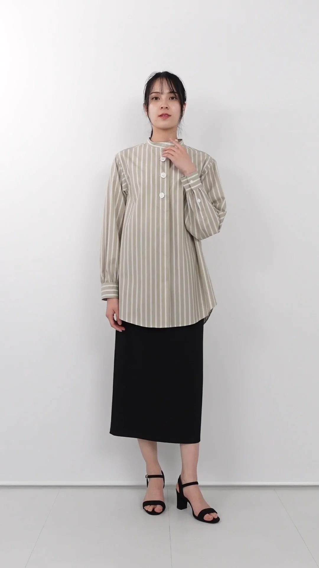 255094 先染ストライプパラシュート釦スタンドカラーチュニックシャツ