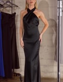 Video: Satin party dress with halter neckline and open back Video: Satin party dress with halter neckline and open back