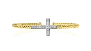 Charles Garnier Grace .50 ct. t.w. CZ Sideways Cross Cuff Bracelet in 18kt Gold Over Sterling with Sterling Silver