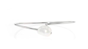 8-10mm Cultured Pearl Bypass Cuff Bracelet with Single CZ in Sterling Silver