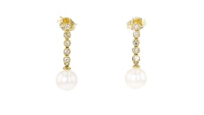 7-7.5mm Cultured Pearl Drop Earrings with .15 ct. t.w. Diamonds in 14kt Yellow Gold