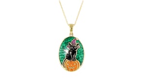 Malachite, Onyx, Carnelian and 1.00 ct. t.w. Amethyst Halloween Cat Mosaic Inlay Pendant Necklace in 18kt Gold Over Sterling